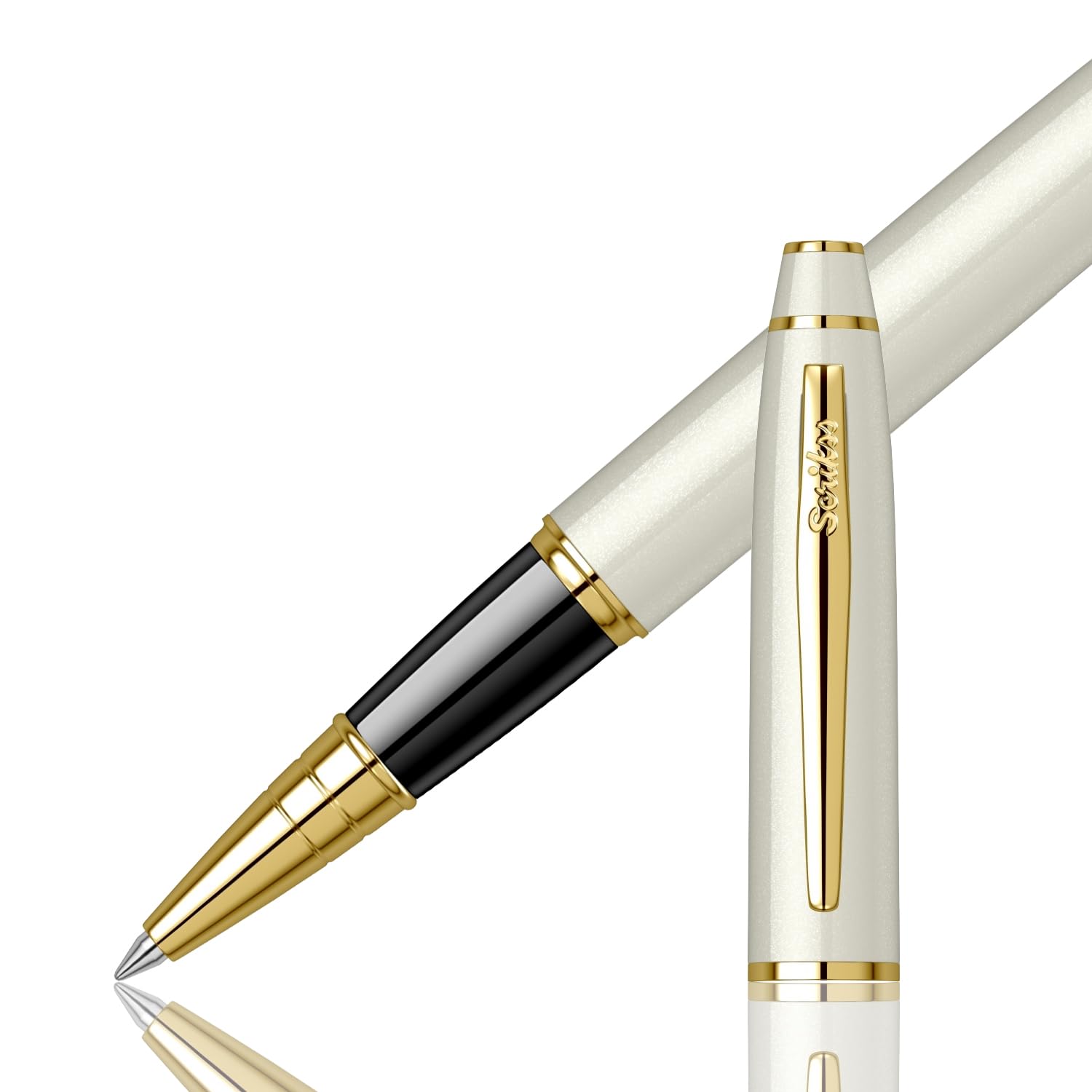 Scrikss Noble 35 Penna a sfera a sfera bianca perla, finiture dorate, penna a rullo per scrittura ufficio, regali aziendali professionisti studenti