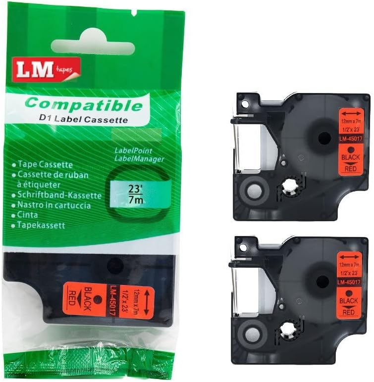 2/Pack LM Tapes Premium LM45017 1/2" Black on Red Label