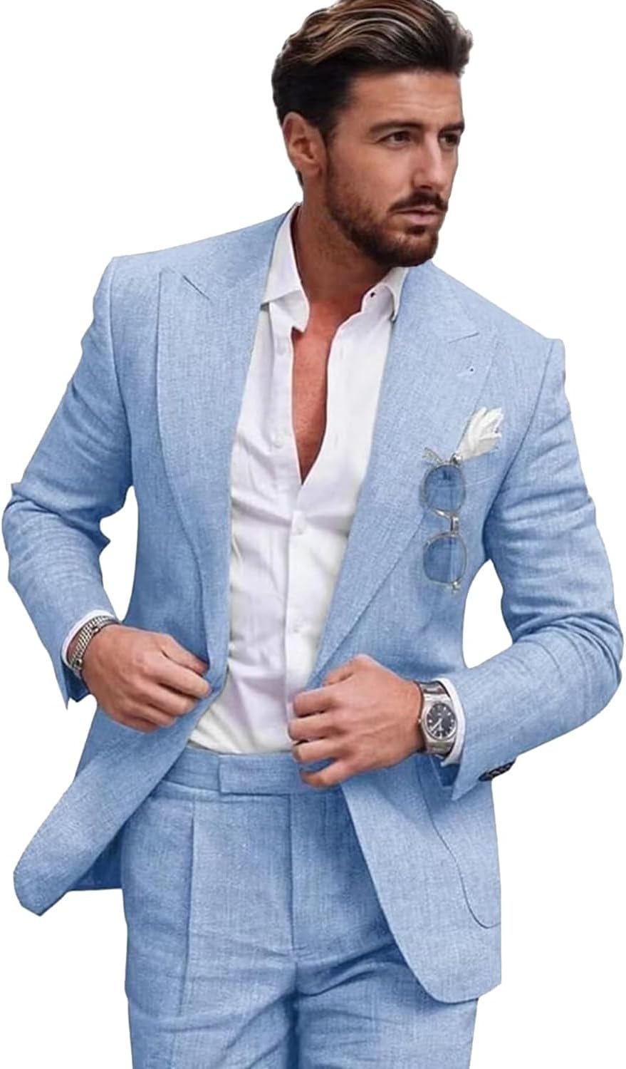 Mens Linen Suit for Beach Slim Fit 2 Piece Wedding Tuxedo for Men Casual Blazer Pant Set Prom Party Suit