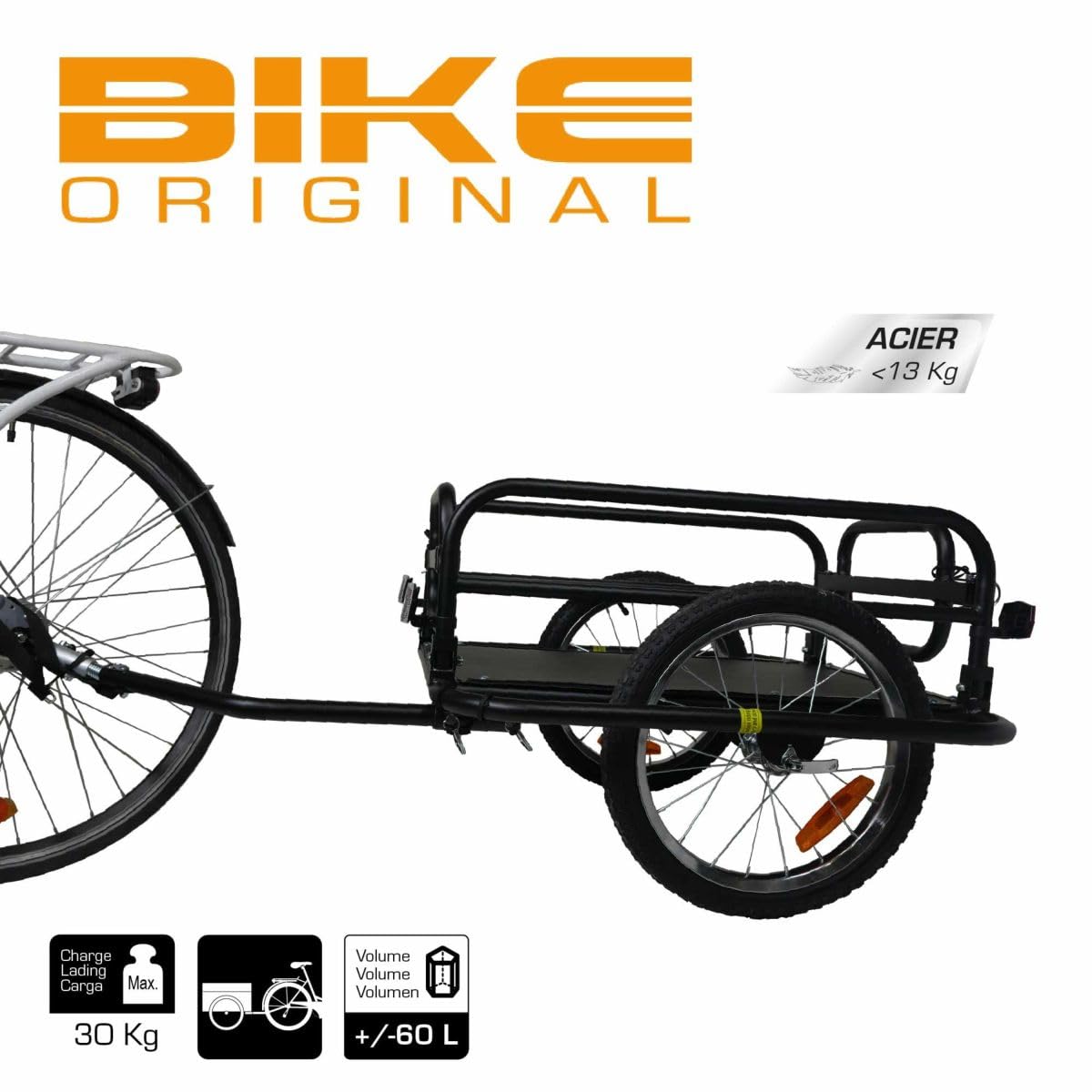 BIKE ORIGINAL - Remorque Vélo en Acier - Remorque Marchandises 60L - Structure Solide en Acier Noir - Compatible Vélos 26" à 28" - Roues Pneumatiques 16" - Barre d'Attelage Réversible - Pliable