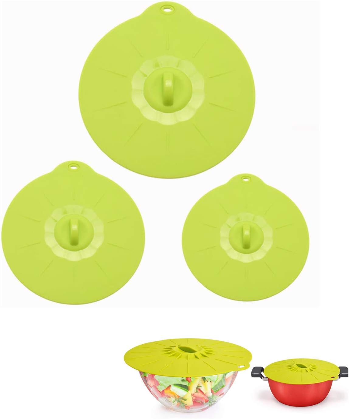MsFeng Microwave Cover Silicone Lids - Set of 3: 5" 7" 9" - Suction Lids Cover for Pots, Frying Pans, Bowls, Cups, Skillets - Splatter Protection - Easy Food Storage - BPA Free - Oven Safe