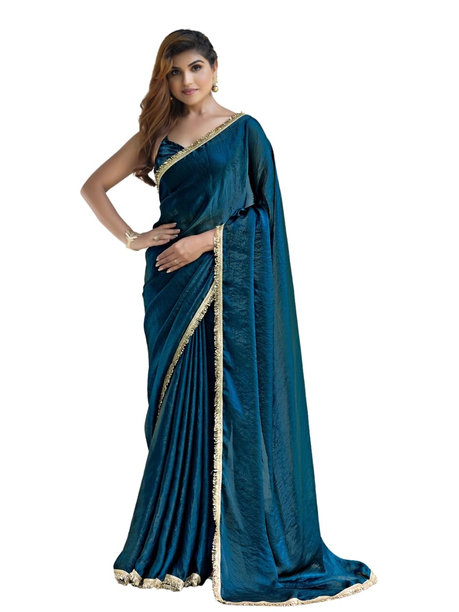 MSRETAIL Embellished Bollywood Satin Saree (Blue)-image-19