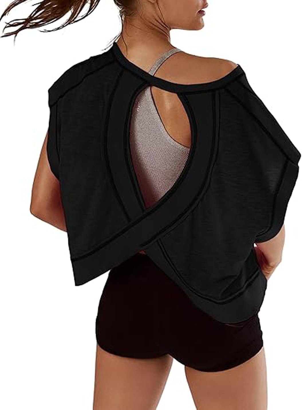VIEWON Womens Workout Top Open Back Short Sleeve Backless T Shirts Gym Yoga Tee Y2k Crop Tops
