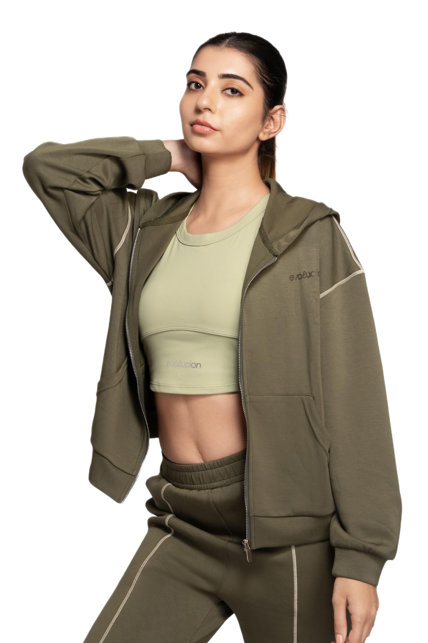 EVOLUCION Everyday Co-ord Set for Women – Super Soft Lined Tracksuit with Full-Length Zip Jacket & High-Waist Pants, Feather-Soft Athleisure for Travel, Gym & Everyday Wear (IN, Alpha, S, Green) 1