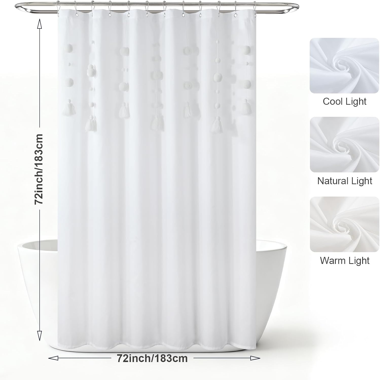 Boho White Pom Pom Shower Curtain, Cute Girls Shower Curtain with Handmade Small Tassel Balls, Waterproof Modern Polyester Solid Fabric Shower Curtains for Women Kids Farmhouse Bathroom, 72" W x 72" H