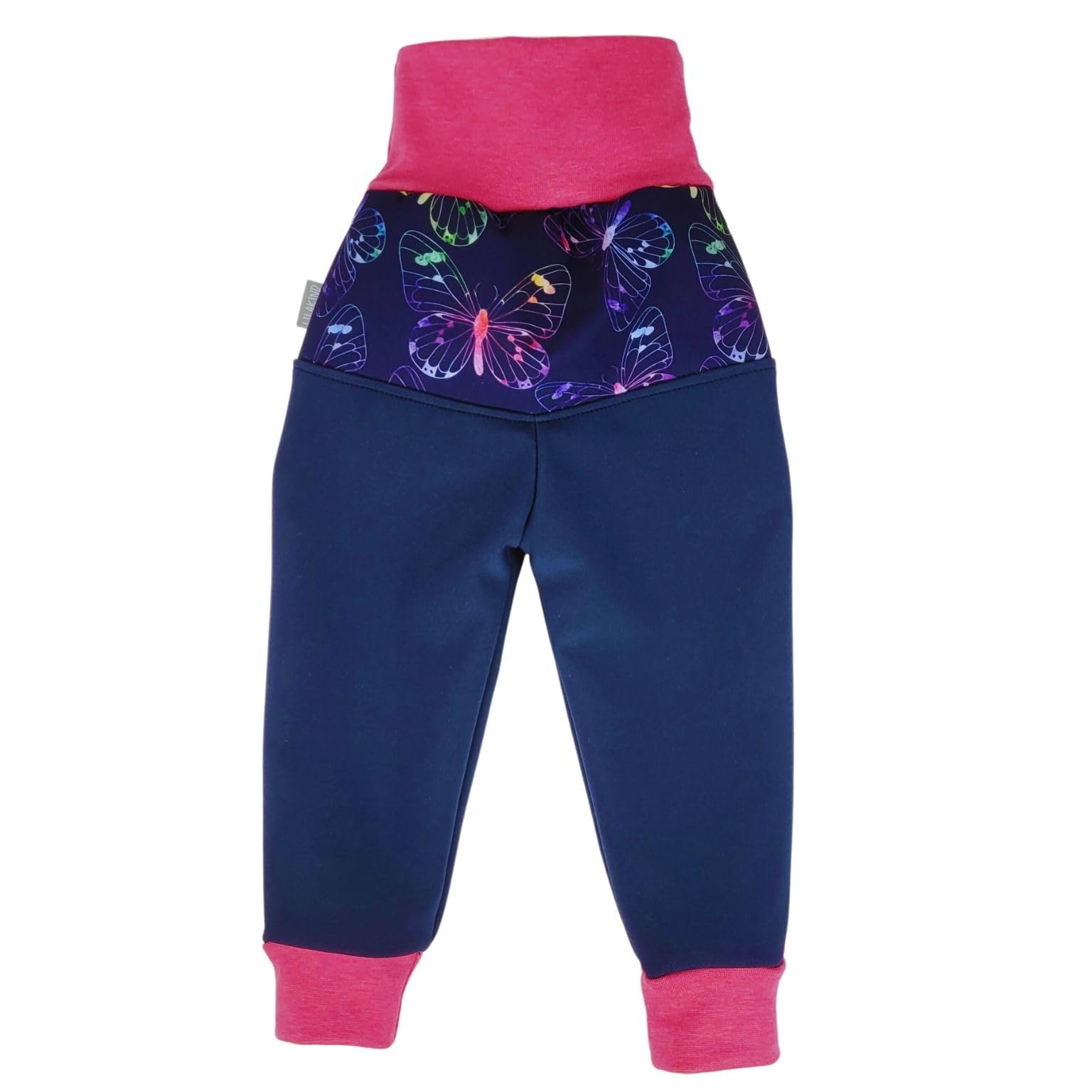 Lilakind“ Baby Kinder Softshell Hose Blumen Schmetterlinge Blau Fuchsia Gr. 62/68-134/140 - Made in Germany