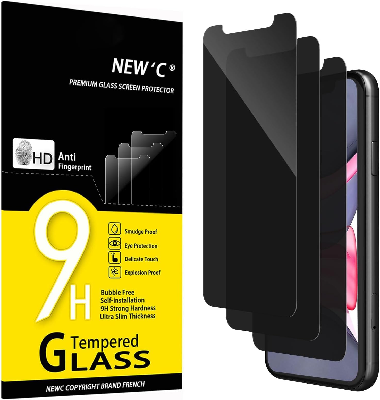 – NEW'C 3 Pack Privacy for iPhone 11, iPhone XR Screen Protector, Enhanced 28-Degree Privacy Angle, Ultra Durable 9H Hardness, Bubble-Free