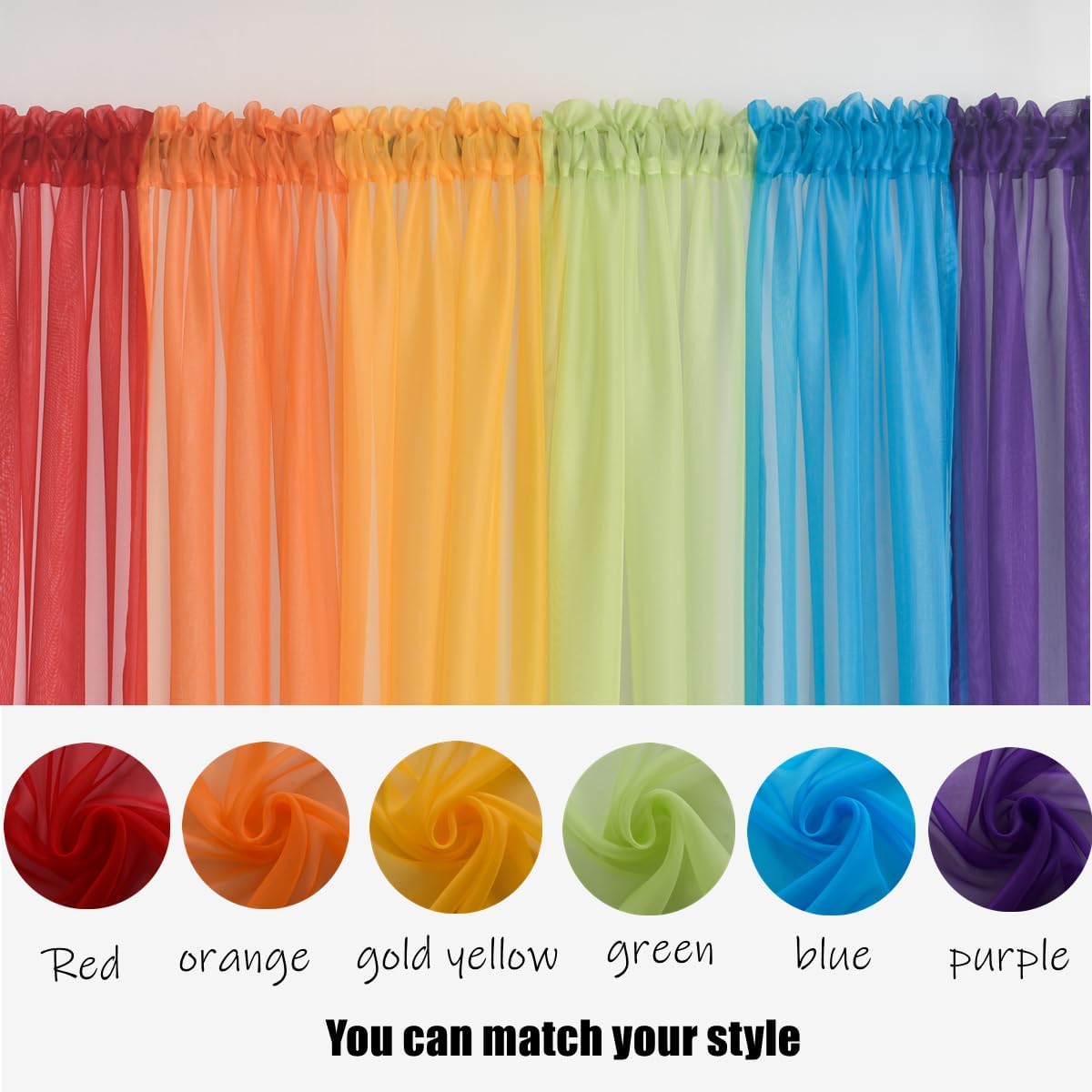 GYROHOME 6 Panels Sheer Curtains Rainbow Curtains for Bedroom Living Room Rod Pocket Colorful Curtains Backdrop Curtains Drapes, Red, Orange, Gold Yellow, Green, Blue, Purple, 39x96inch