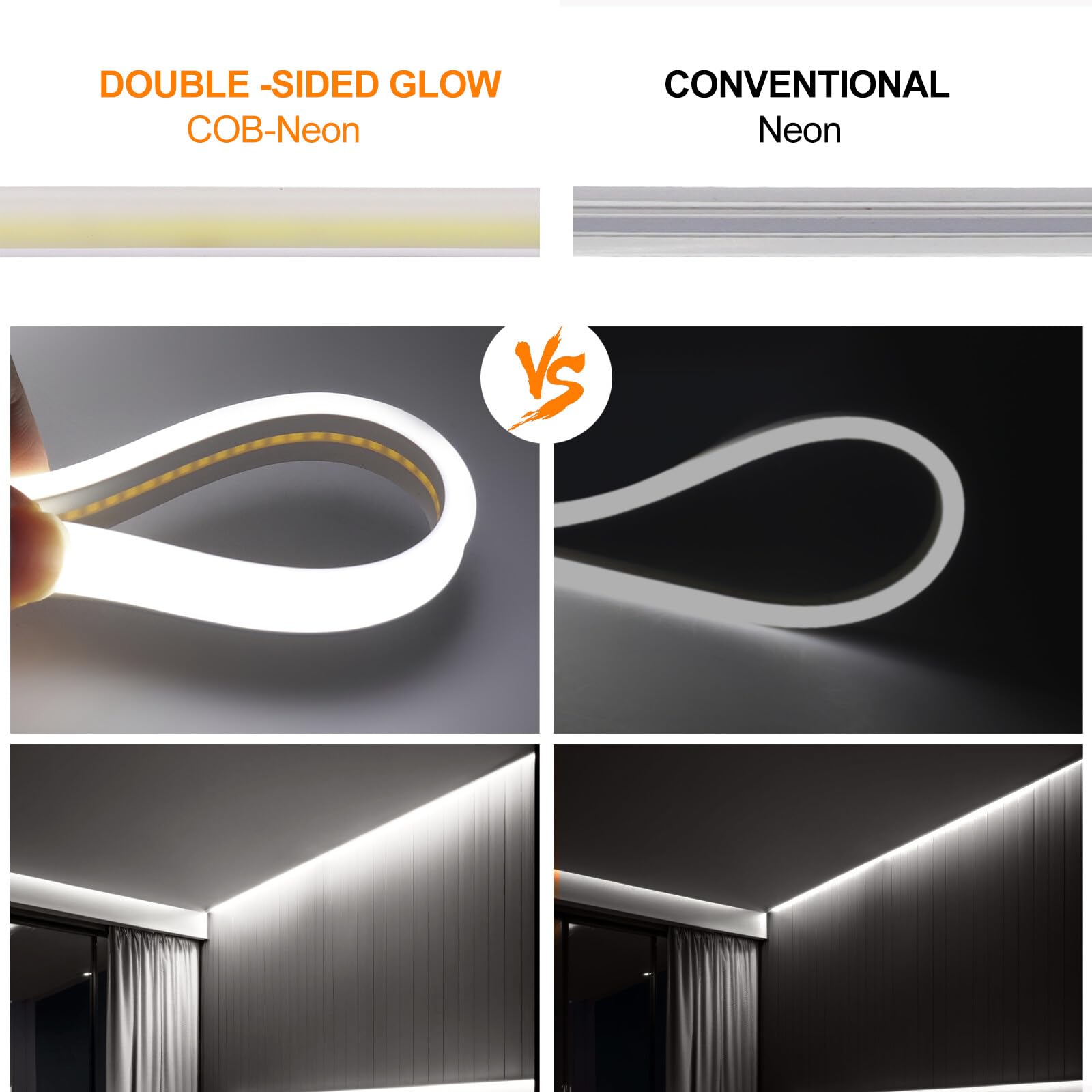 24V Tira LED de neón COB[15m, Blanco cálido 3000-3500K],flexible e impermeable IP65,320 LEDs/m cortable iluminación de doble cara FCOB CRI85+,decoración e iluminación para hogar/tienda