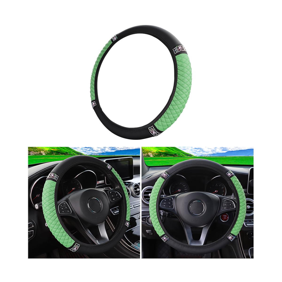 Osilly 15 Inch Rhinestone Leather Steering Wheel Cover, Green