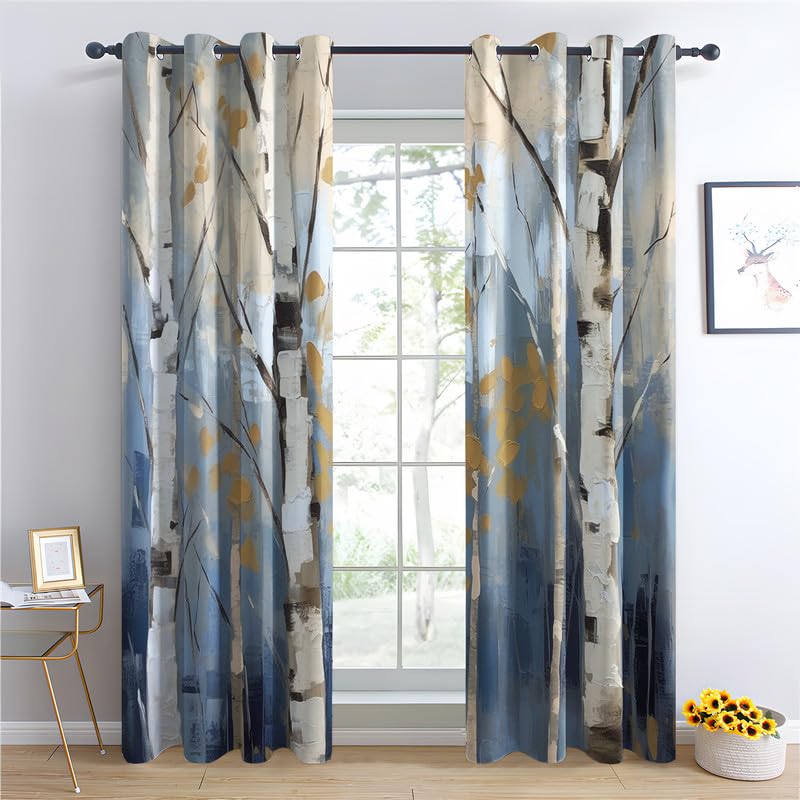 Rideau Occultant Bouleau, Rideau Isolant Thermique pour Salon Chambre, Rideaux Motif Arbre, Rideau Opaque à Oeillets, Lot de 2 Rideaux et Draperies Intérieurs 140x240 cm (LxH)