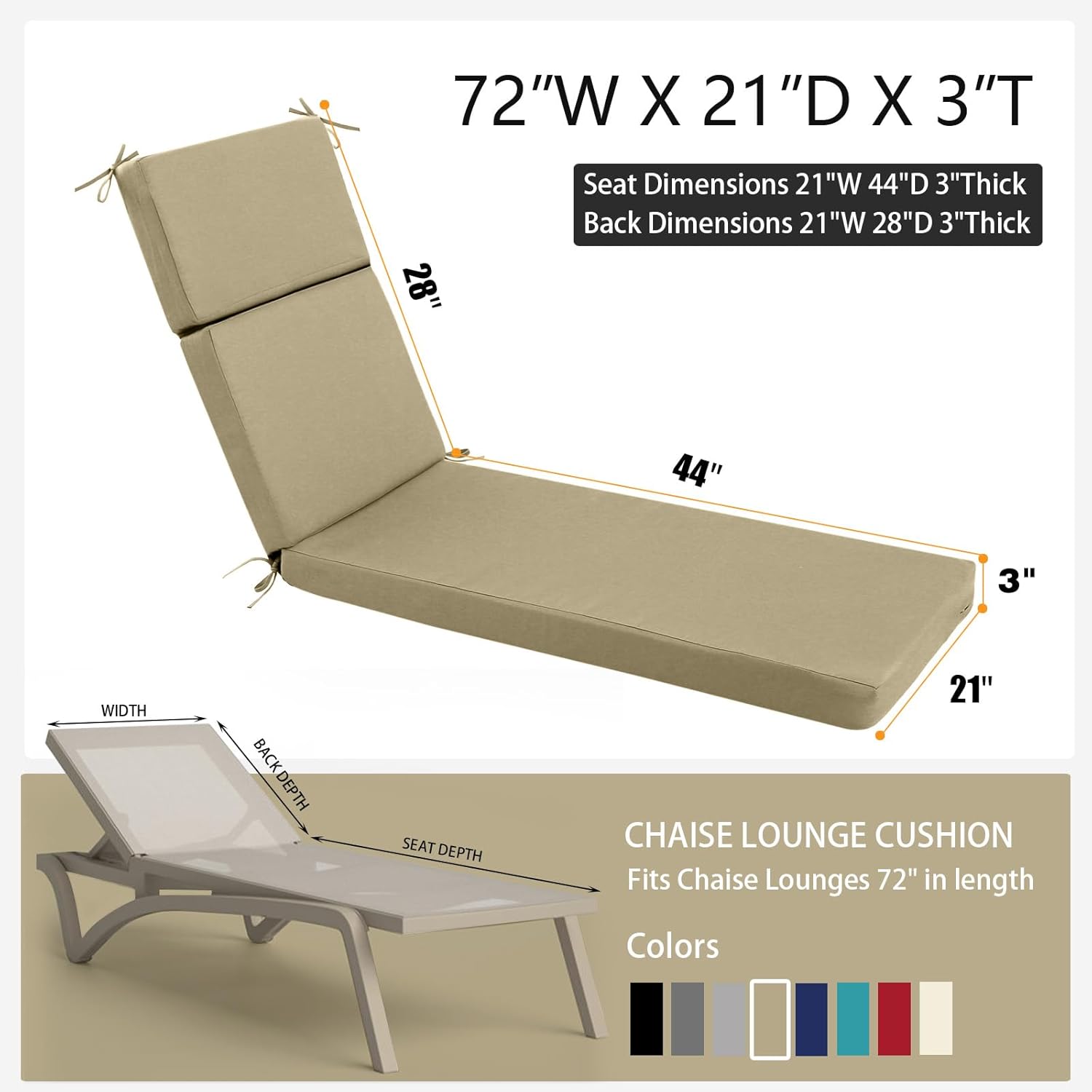 idee-home Chaise Lounge Cushions Outdoor, Lounge Chair Cushion Patio Furniture 72in.L x 21in.W x 3in.D Waterproof for Lawn Pool