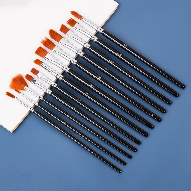 Ensemble De 12 Pinceaux en Nylon Noir pour La Peinture Acrylique, Idéal pour Les Artistes Et Les Étudiants.