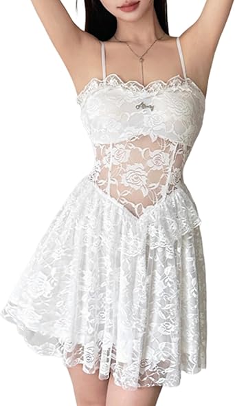 Womens Street Lace Sweetheart Mini Dress Spaghetti Strap Bodycon Short Mesh Cami Cocktail Dress