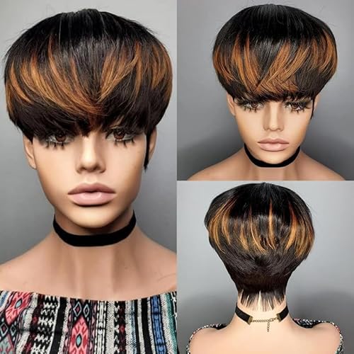 8inch Short Pixie Cut Human Hair with Bangs Highlight 30