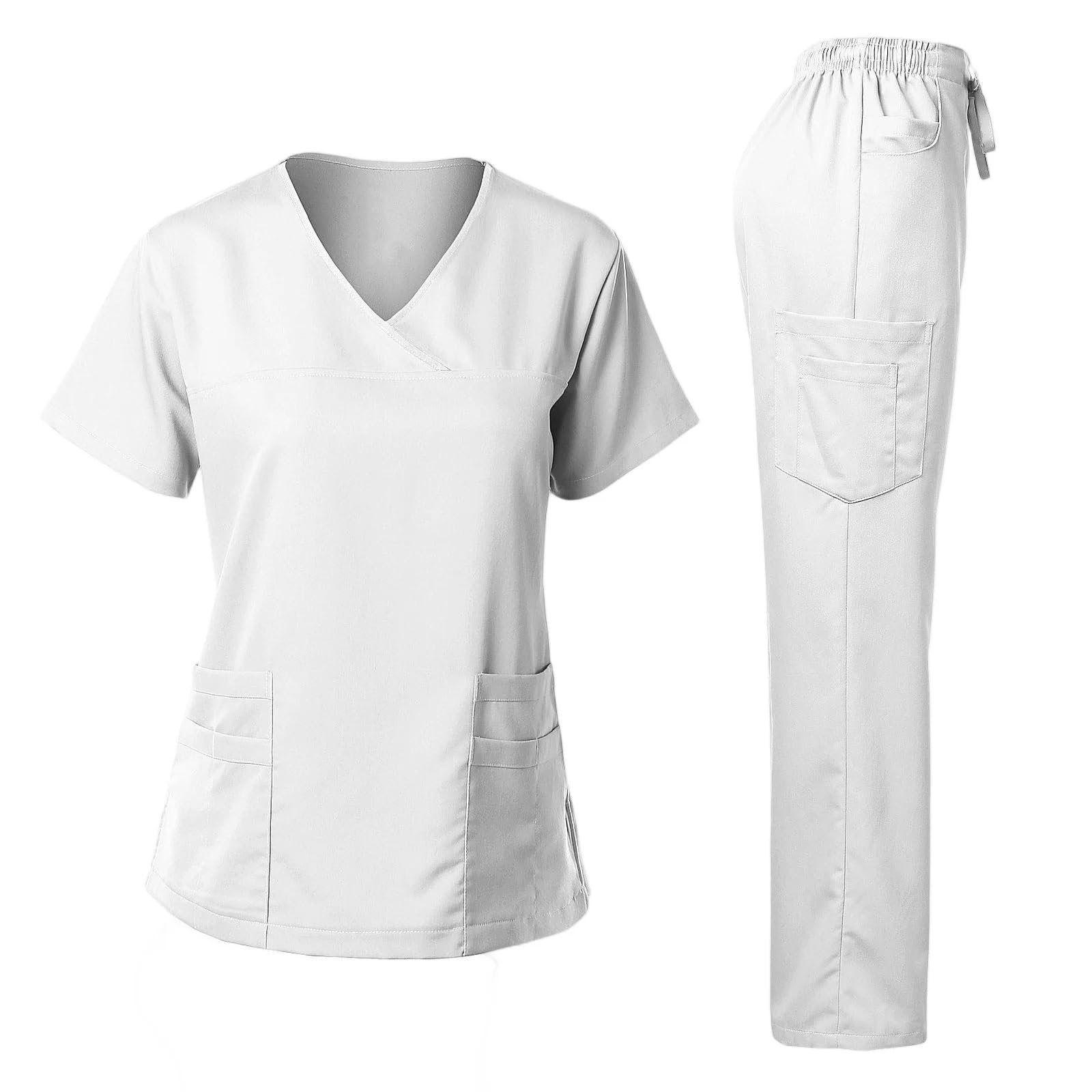 AHUFGN Nurse Scrubs Women Women's Nurse Scrub Set V-Neck Short Sleeve Long Pants Medical Cozy Professional Workwear(White,XL)