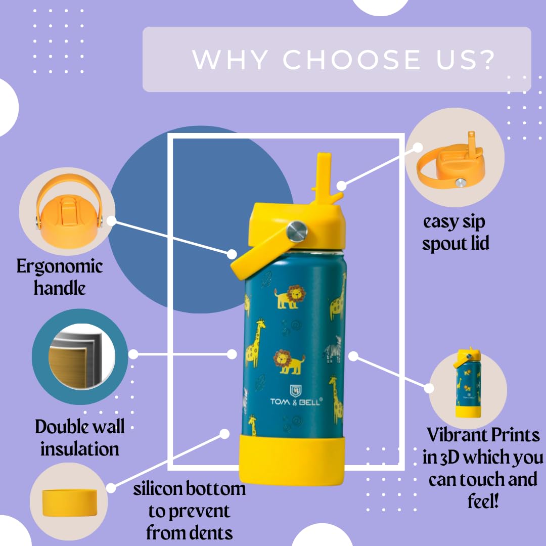 TOM & BELL Insulated Water Bottle for Kids 500ml,Double Wall Water Bottle for School, Sipper Bottle,Hot and Cold, Premium 304 Stainless Steel (Dark green, 500ml) - Image 5 thumbnail