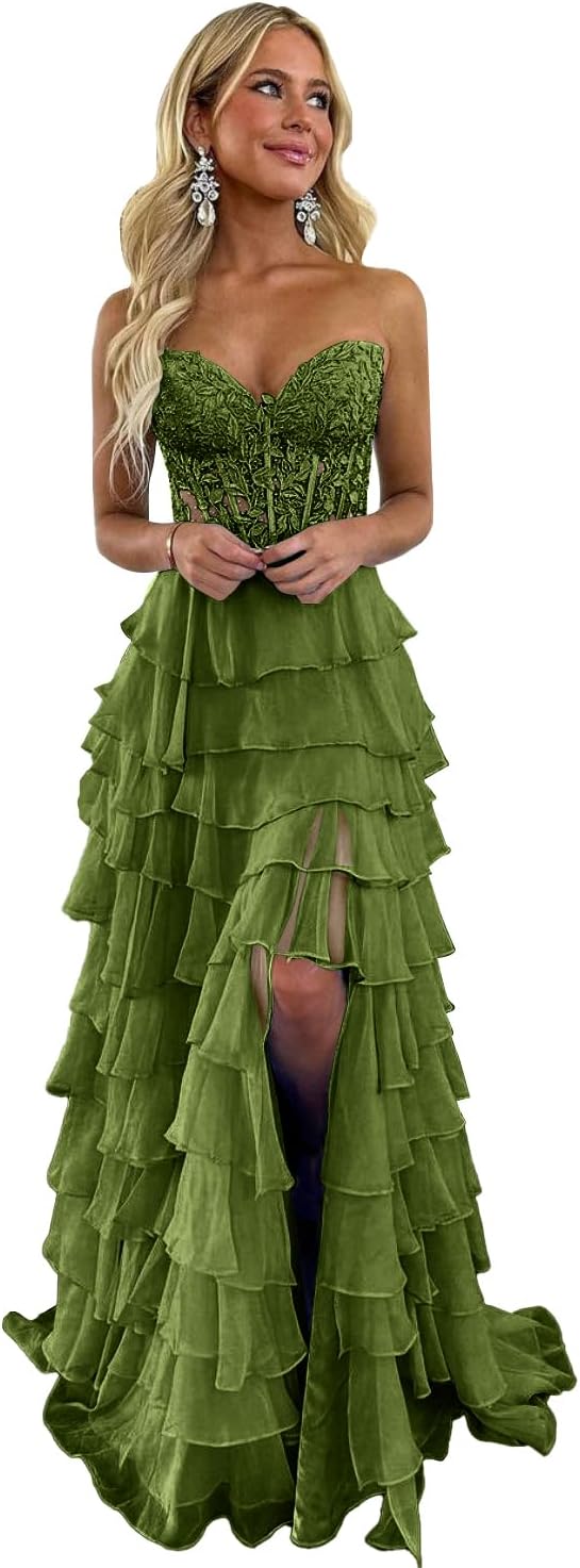 Lace Strapless Prom Dresses for Women 2026 Long Tiered Ruffles Chiffon Corset Formal Dress with Slit