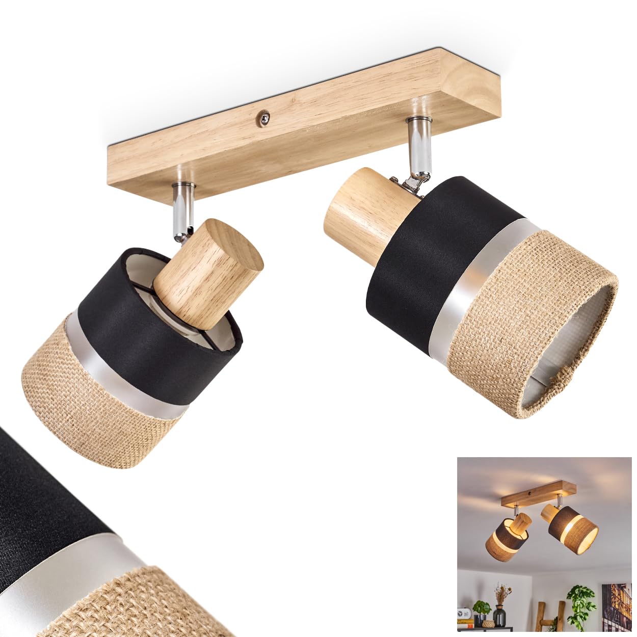 Plafoniera Fallhagen, lampada da soffitto moderna in legno/metallo/lino nei colori naturale/cromo/nero, lampada a 2 luci dal design scandinavo con faretti regolabili, 2 x E14, senza lampadine