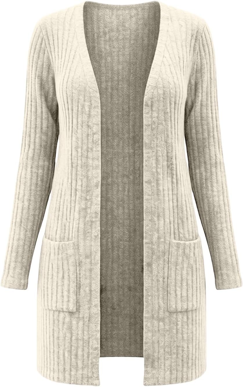 Women's Ribbed Long Cardigan Long Sleeve Open Front Comfy Coat Fall Winter Lounge Casual Layering Tops with Pocket