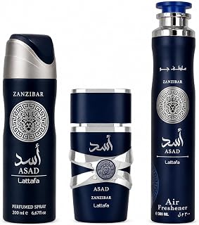 Lattafa Asad Zanzibar Gift Set | Eau de Parfum 100ml + Deodorant Spray 200ml + Air Freshener 300ml | Luxury Arabic Fragrance Bundle for Men | Long-Lasting Scent Collection