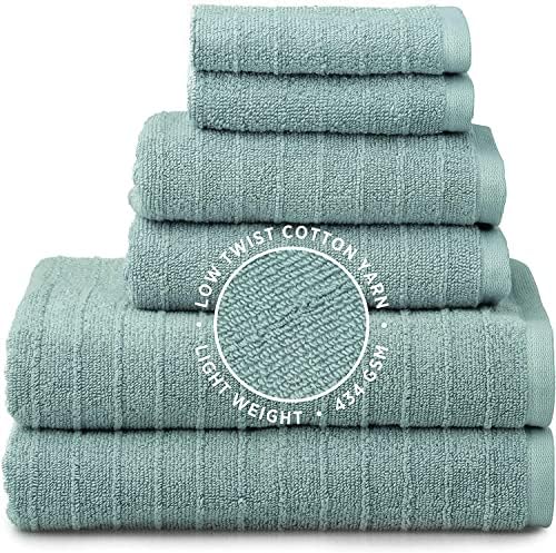 Welhome James | 2 Bath Towels 2 Hand Towels 2 Washcloths | Stripe Textured Mineral Blue Bathroom Towels | Soft & Absorbent Towels for Bathroom | Quick Dry Towels | 100% Cotton 6 Piece Towel Set