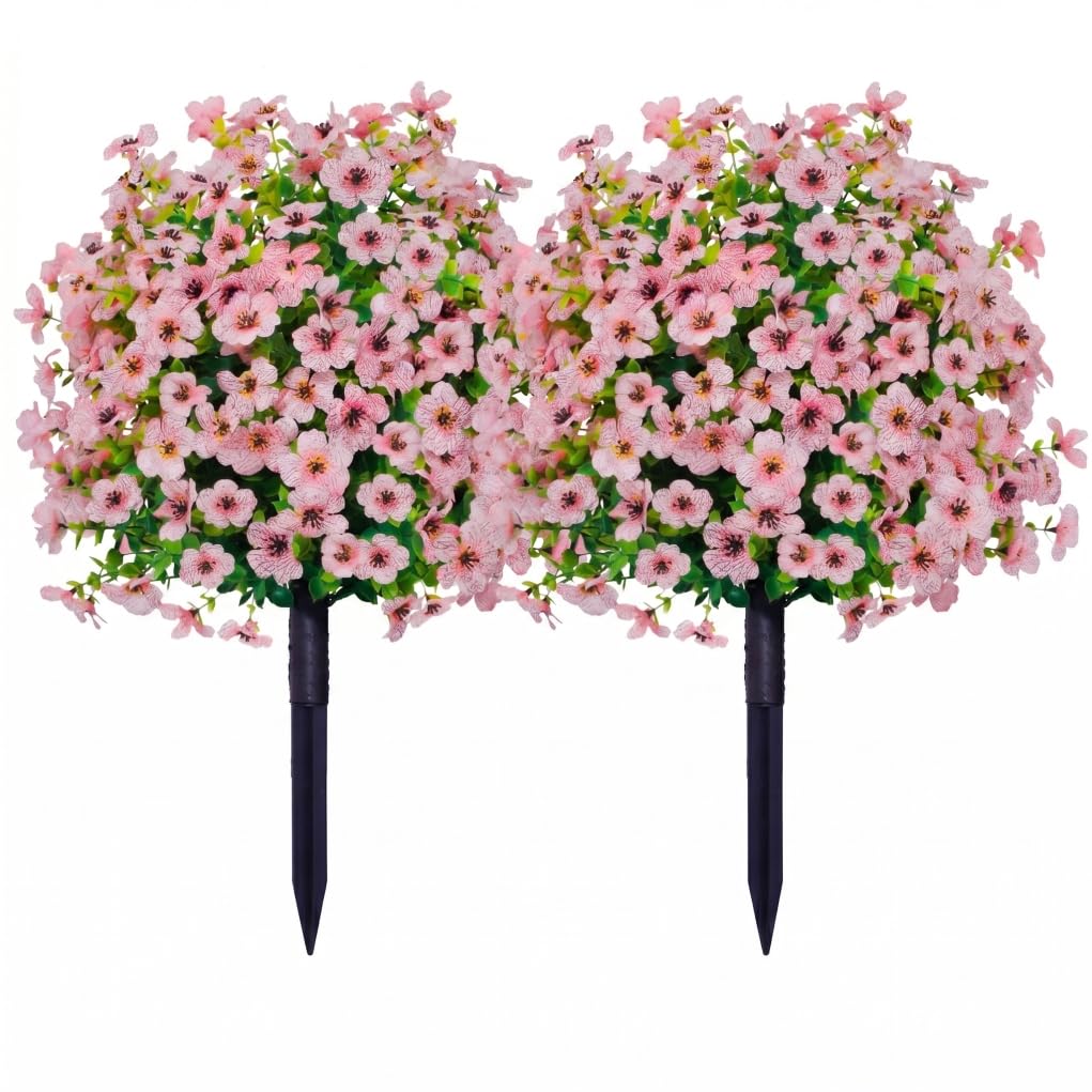 Otbushit 2pcs UV Resistant Artificial Flowers with Stakes, Outdoor Plants, Vibrant Faux Flowers for Garden & Home Decor