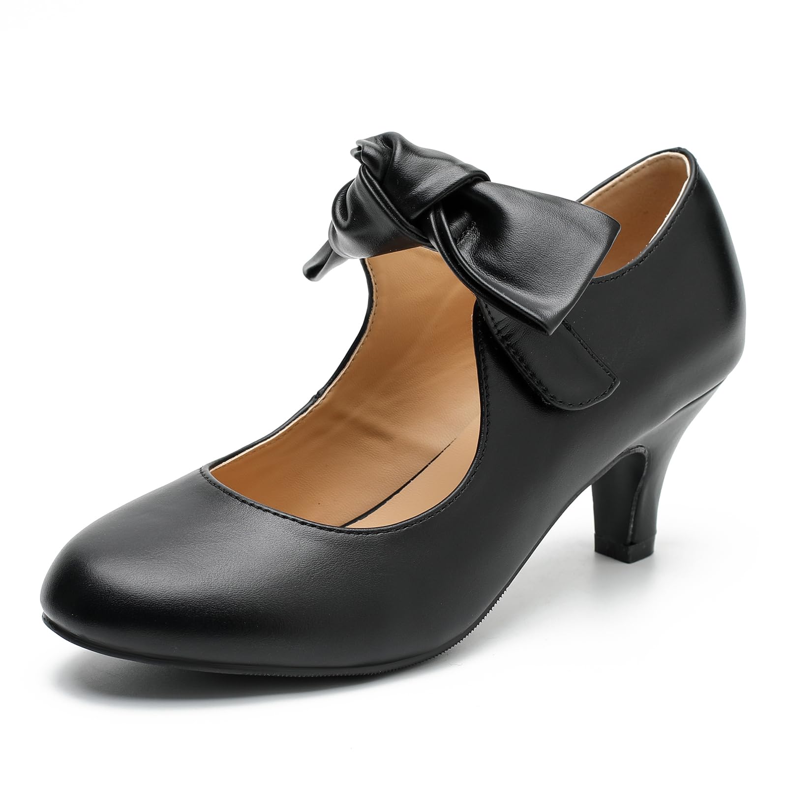 LIURUIJIA Women's Bow Heels Mary Jane Kitten Heel Pumps Round Toe Low Heels Ankle Strap Wedding Evening Party Dress Shoes