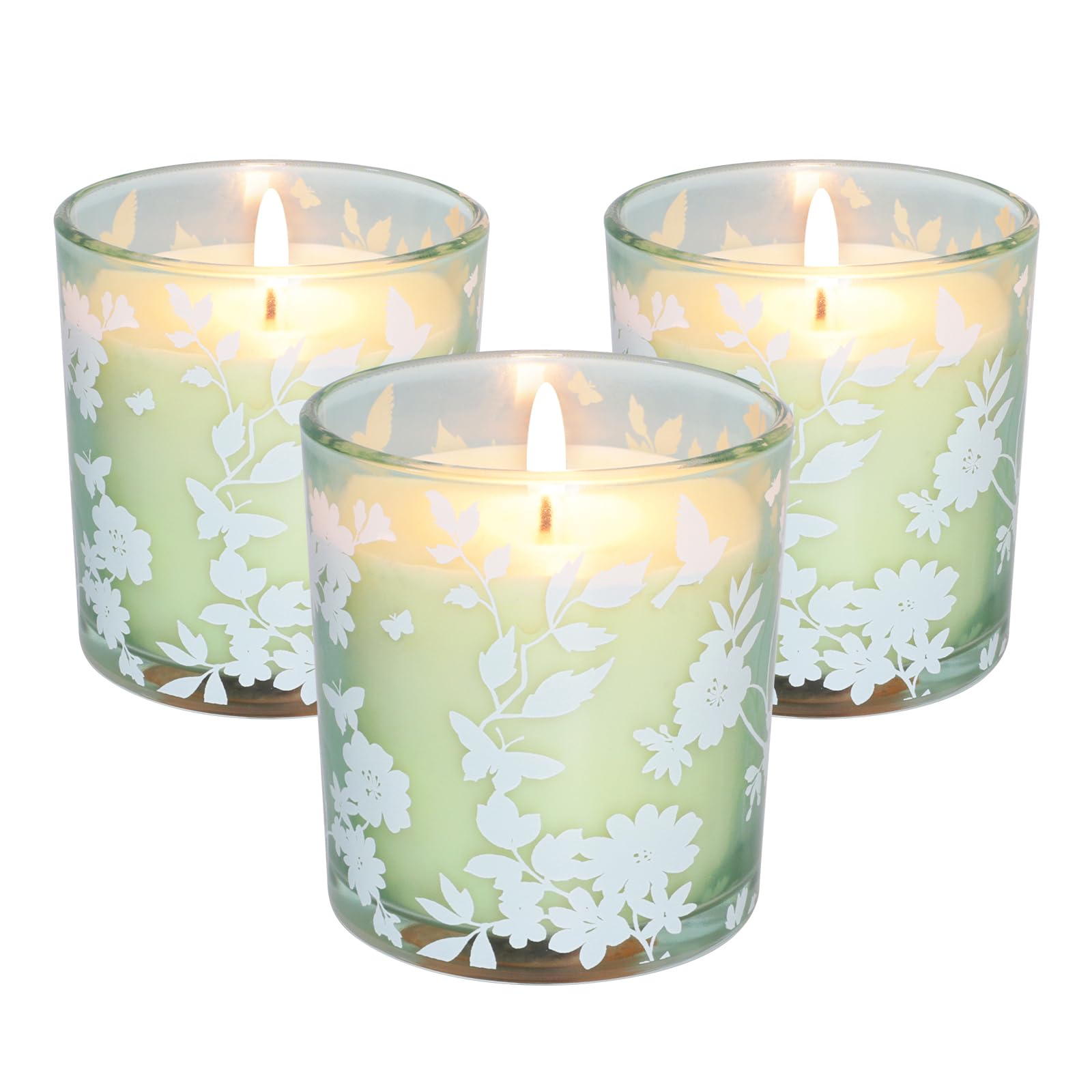 Paquete de 3 velas perfumadas de vainilla para aromaterapia, cera de soja de larga duración, vela en tarro de cristal blanco floral verde para decoración del hogar, Navidad, cumpleaños