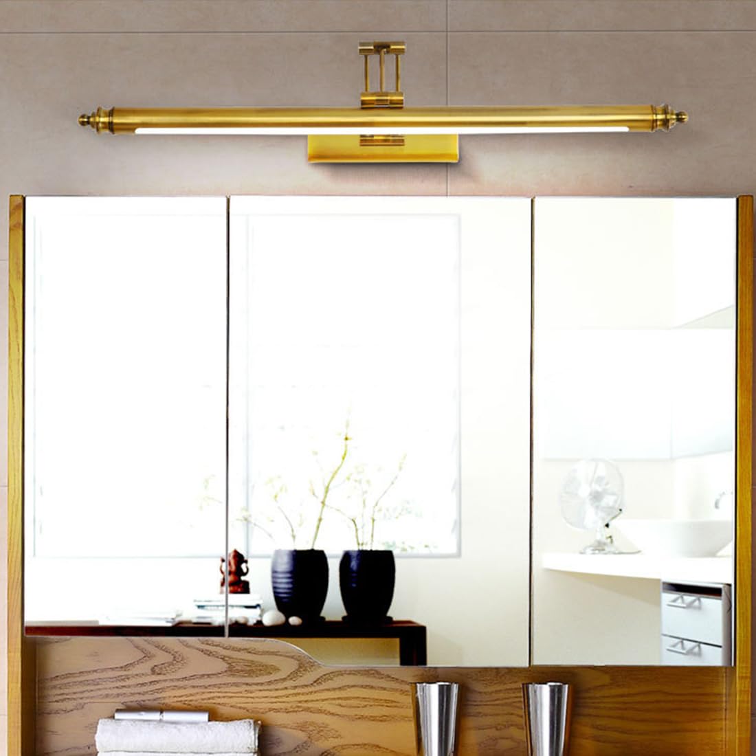 Vintage Applique Specchio Bagno Ottone, Lampada Specchio LED Retro con Braccio Regolabile e Base in Acciaio Inossidabile, 6000K Apparecchio Bagno Impermeabile IP44 per WC, 60 cm/12 W