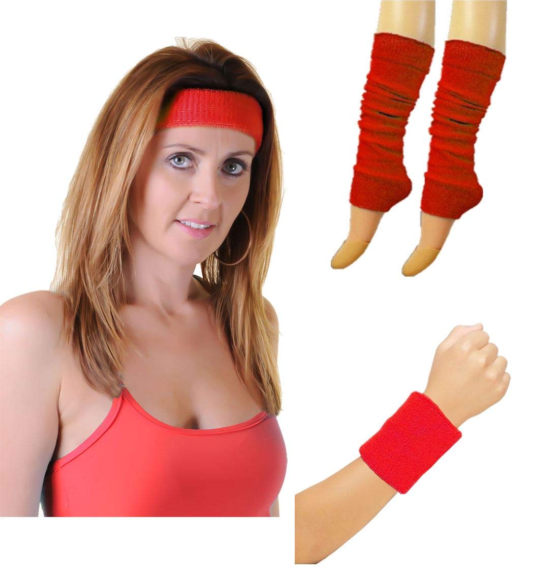 Womens Wristbands Headband And Legwarmers Set Ladies 80s Themed Party Sweatbands Fancy Dress Accessory Red