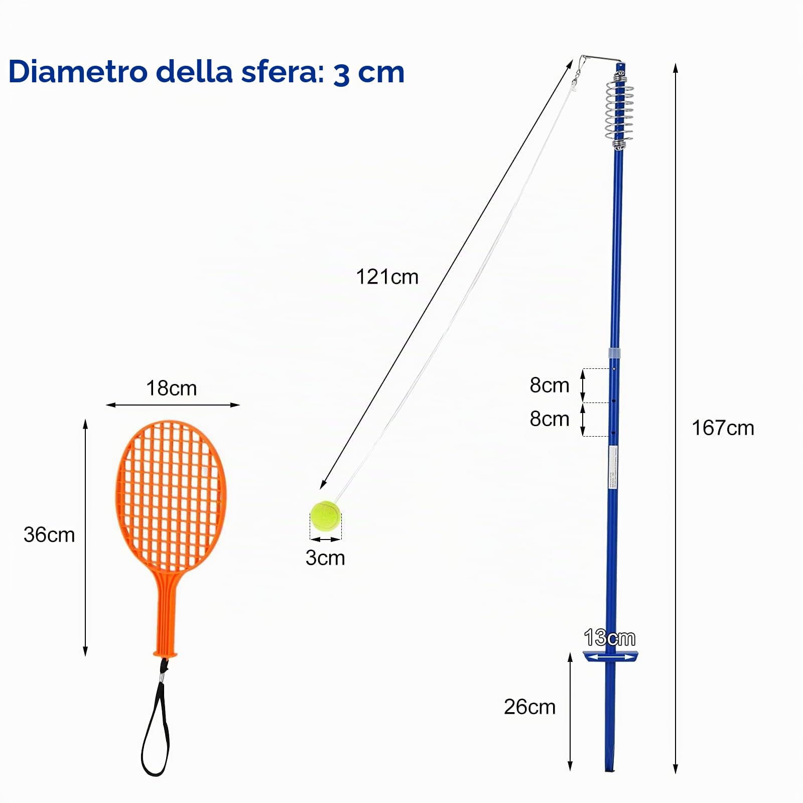 GYMAX Set da Tennis con Asta e Pallina da Allenamento, con 1 Pallina e 2 Racchette, Struttura in Ferro, 3 Altezze Regolabili, Migliorare capacità Sportiva, Blu