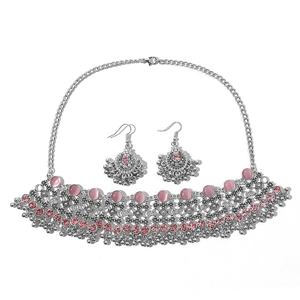 Oxidized Punk Traditional Indian Jewellery Set for Women Boho Bollywood Beads Earring Dangle Tassels Choker Necklace Turquoise Crystal Ethnic Wedding