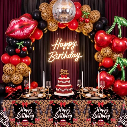 Image of Hahafelt 3 Pcs Cheetah Cherry Disposable Tablecloth Happy Birthday Leopard Table Cover 54 x 108 Inch Plastic Table Cloth Birthday Party Decorations Supplies for Boys Girls Women Men