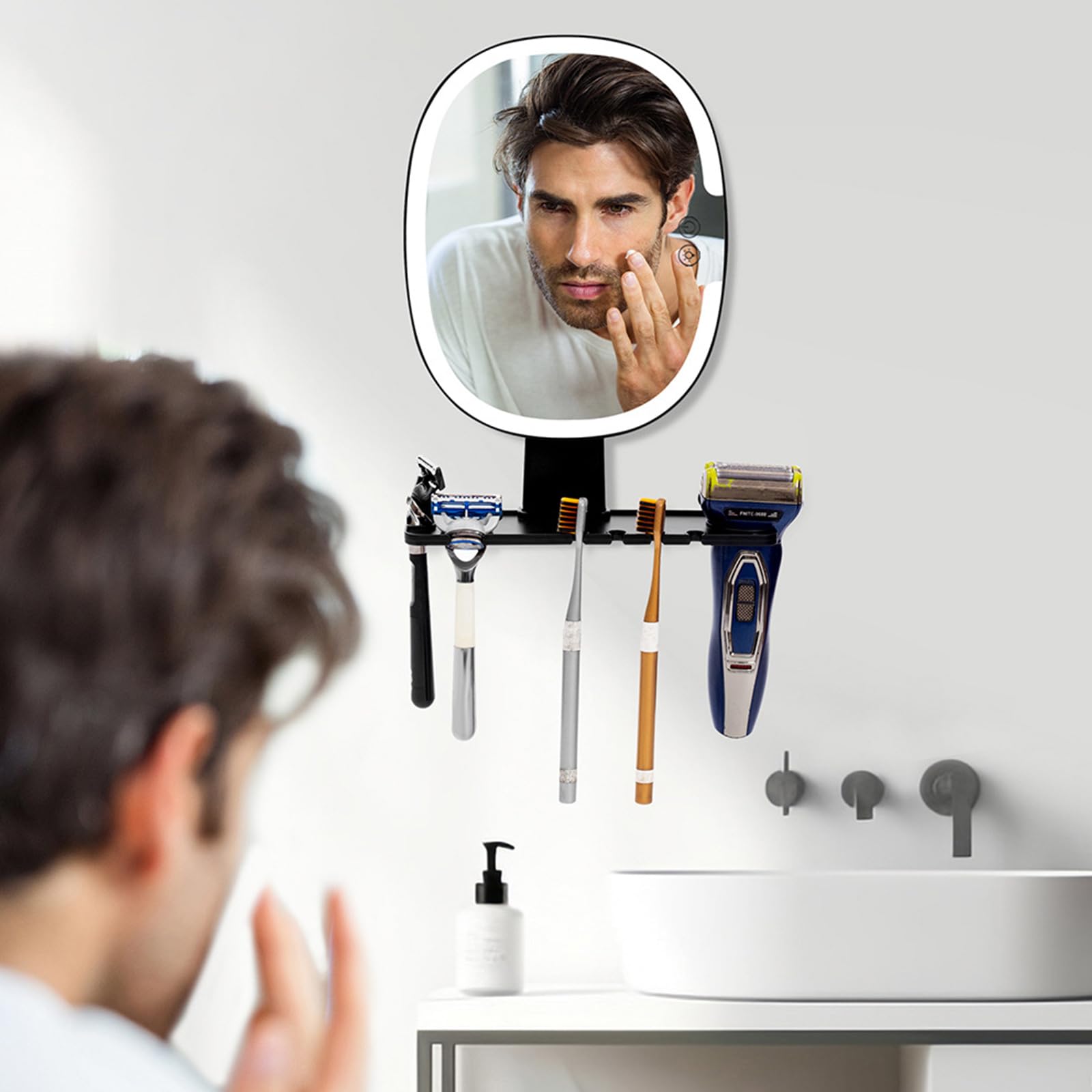 Treesunshine Fogless Shower Mirror with Light, Shaving Mirror with Razor Blade Holder, Mirror without Drilling, Cosmetic Mirror, Mirror Shower, for Makeup, Styling, Shaving Mirror (Round)