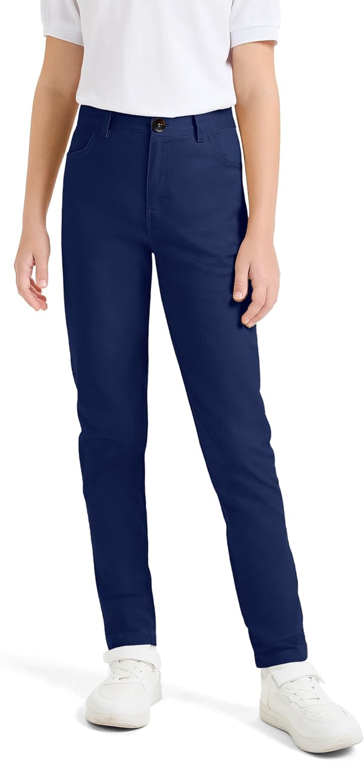 KEREDA Girls School Uniform Skinny Pants with Pockets, Elasticized Waistband, School Pants for Teen Girls Clothes