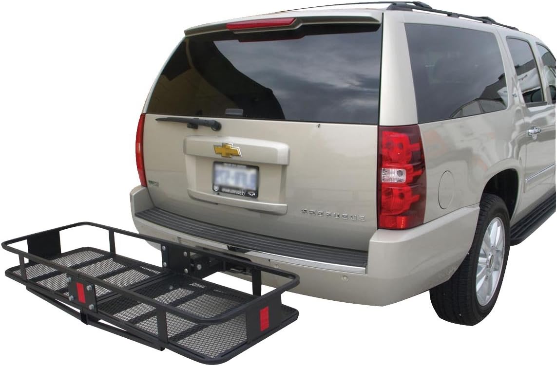 Erickson 07495 Deluxe Cargo Carrier attached to the rear of an SUV, in the unfolded position, ready for use.