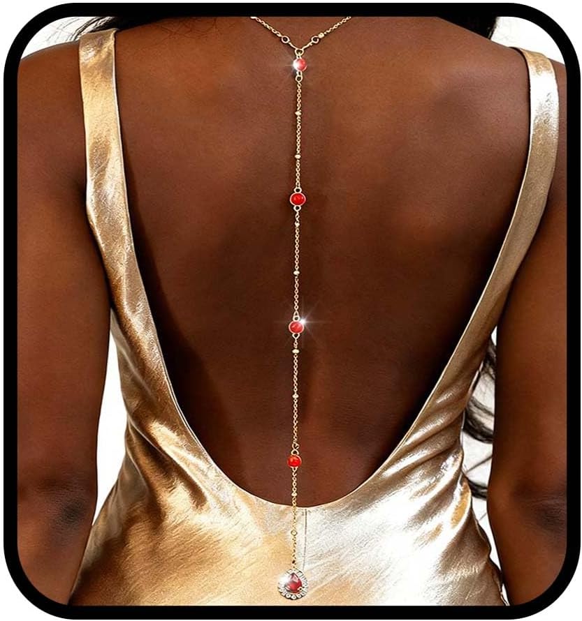 Bounzhi Gold Sexy Rhinestone Back Necklace Crystal Dropback Body Chain Y Long Chain Wedding Body Jewelry for Women and Brides