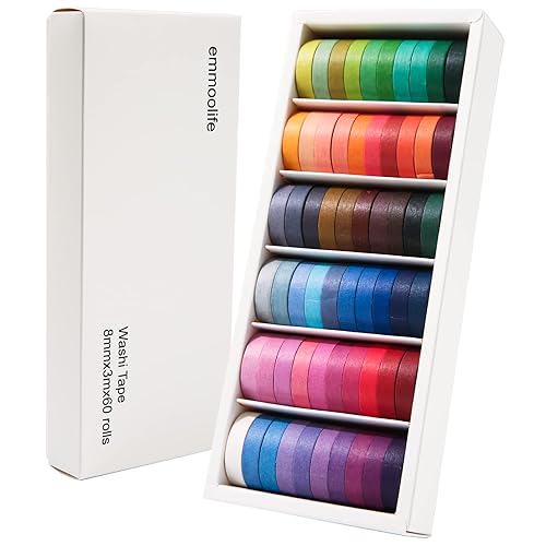Juego de 60 rollos de cinta Washi de 0315in de ancho y 10 pies de largo color liso cintas decorativas de color arcoíris para arte regalos de niños