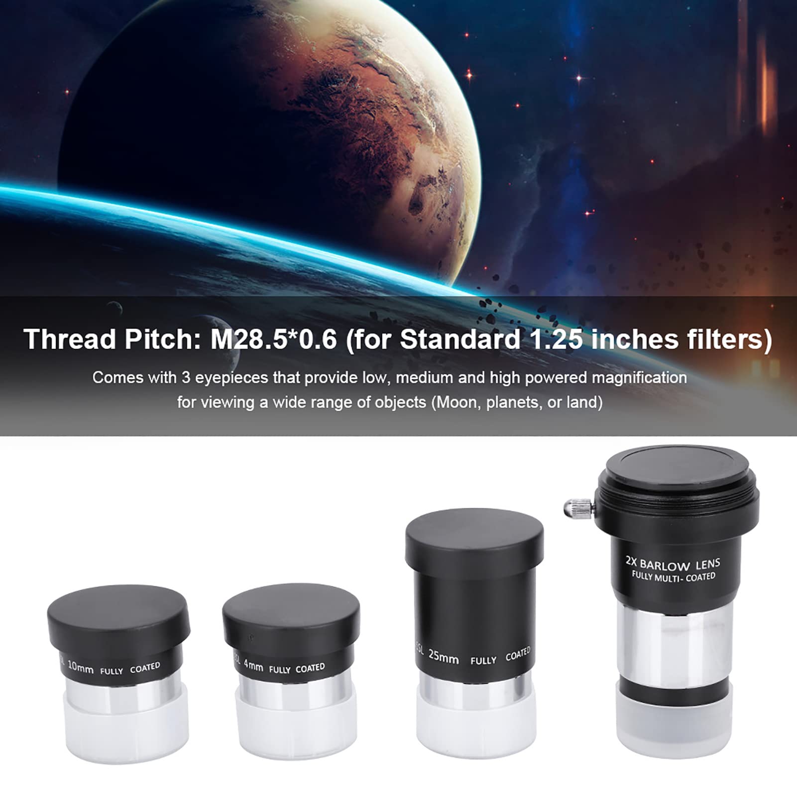 Set Oculare Telescopio Plossl da 1,25 Pollici per Astronomia, 4/10/25 Mm con Kit Lenti Barlow 2X, Multistrato, Interamente in Metallo, Protezione Oculare in Gomma Morbida, Riduce