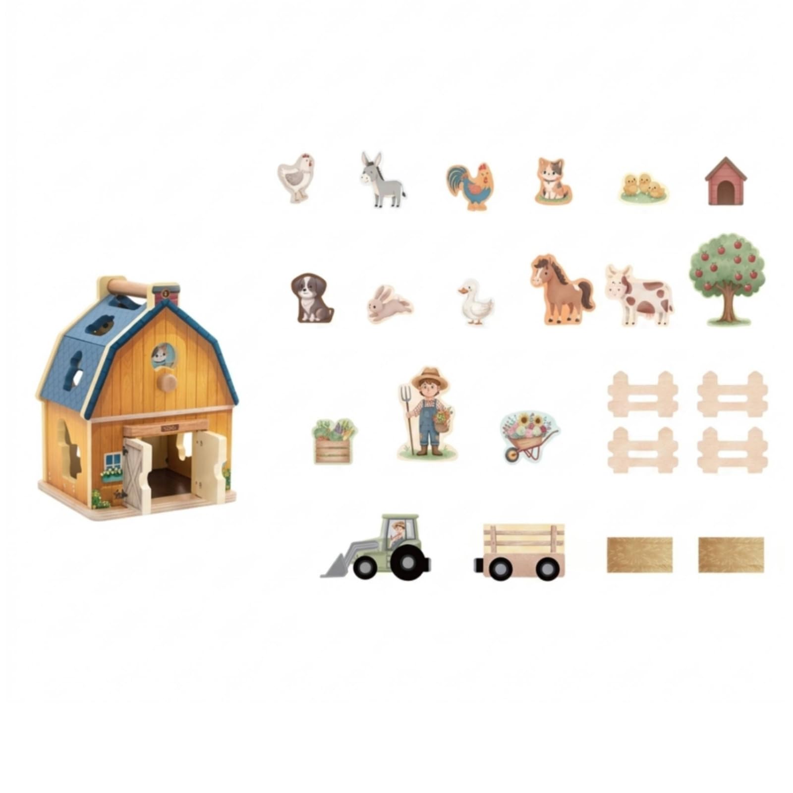 Sharplace Granja de Madera para Niños Juguete Infantil Granero Tractor Remolque Figura de con Puertas Abatibles y Clasificador de Formas Adecuado para Preescolar Guardería Sala de Juegos