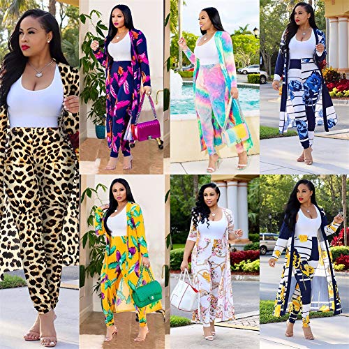 Womens Floral Print Long Sleeve Cardigan Cover up Long Pants 2 Piece Outfits Set Blue
