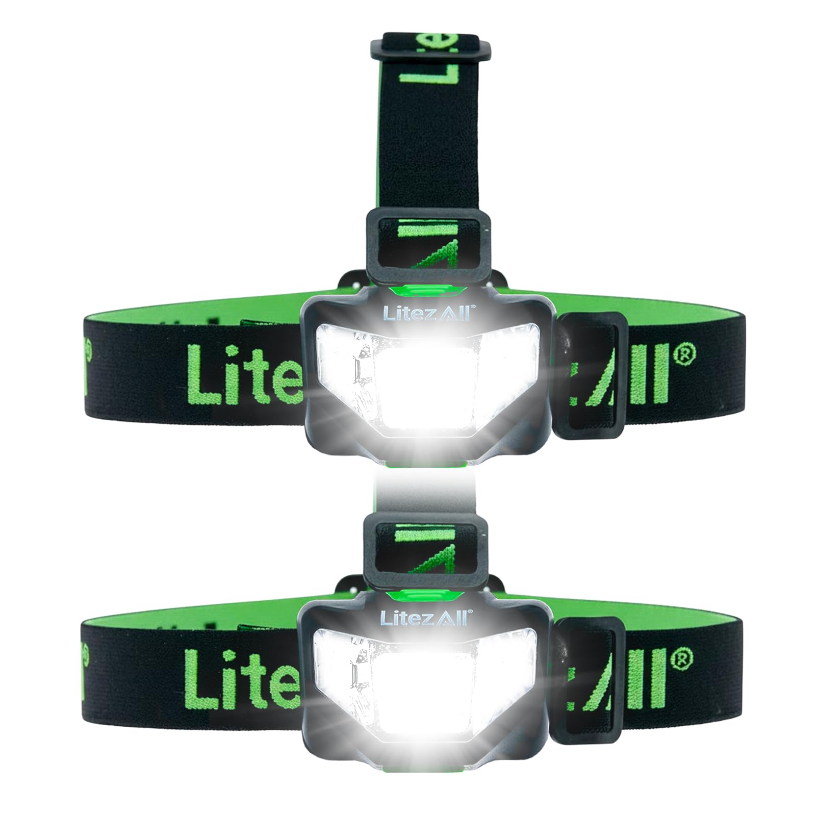 LitezAll Quattro LED-Stirnlampe mit 4 Modi, wiederaufladbar, freihändige Beleuchtung für Camping & Wandern, 2 Stück