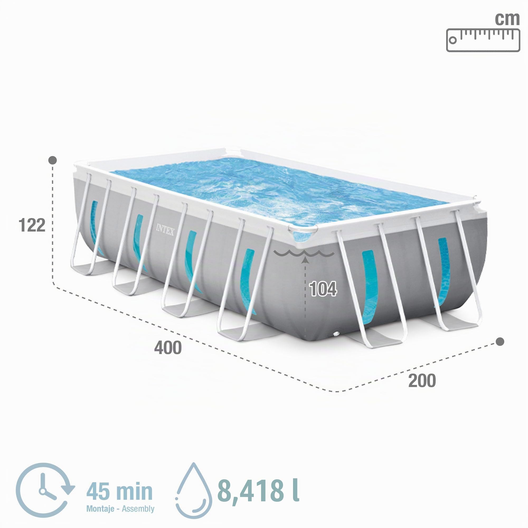 INTEX Piscina Desmontable Rectangular, Modelo Prism Frame Premium, 400x200x122 cm, Material Triple Capa, Capacidad 8.418 L, Ventanas Laterales, Tapiz, Cobertor, Depuradora, Escalera (56029)