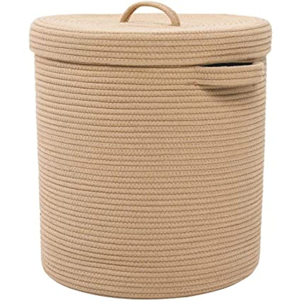 Mansa Traders 12" X 12" X 14" Large Round Storage Basket With Lid, Cotton Rope Storage Baskets, Laundry Hamper, Brown Stiches With Cover-image-14
