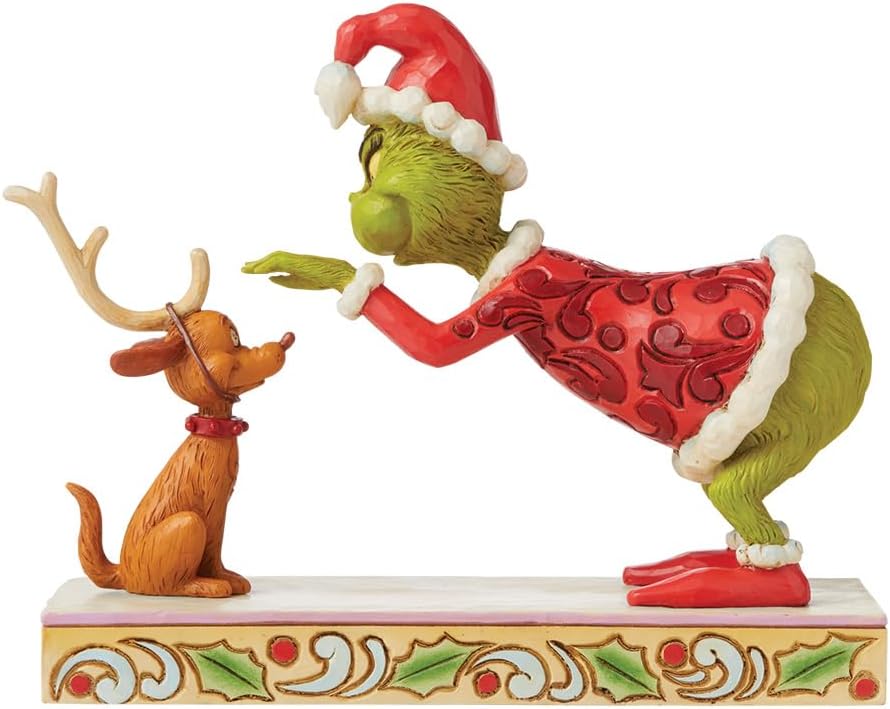 Enesco Dr. Seuss Grinch by Jim Shore Santa Grinch Petting Reindeer Max Figurine, Grinchmas Stone Resin Hand Crafted Collectible Christmas Figurines Home Decor Sculpture Statue, 5.5 Inch, Multicolor
