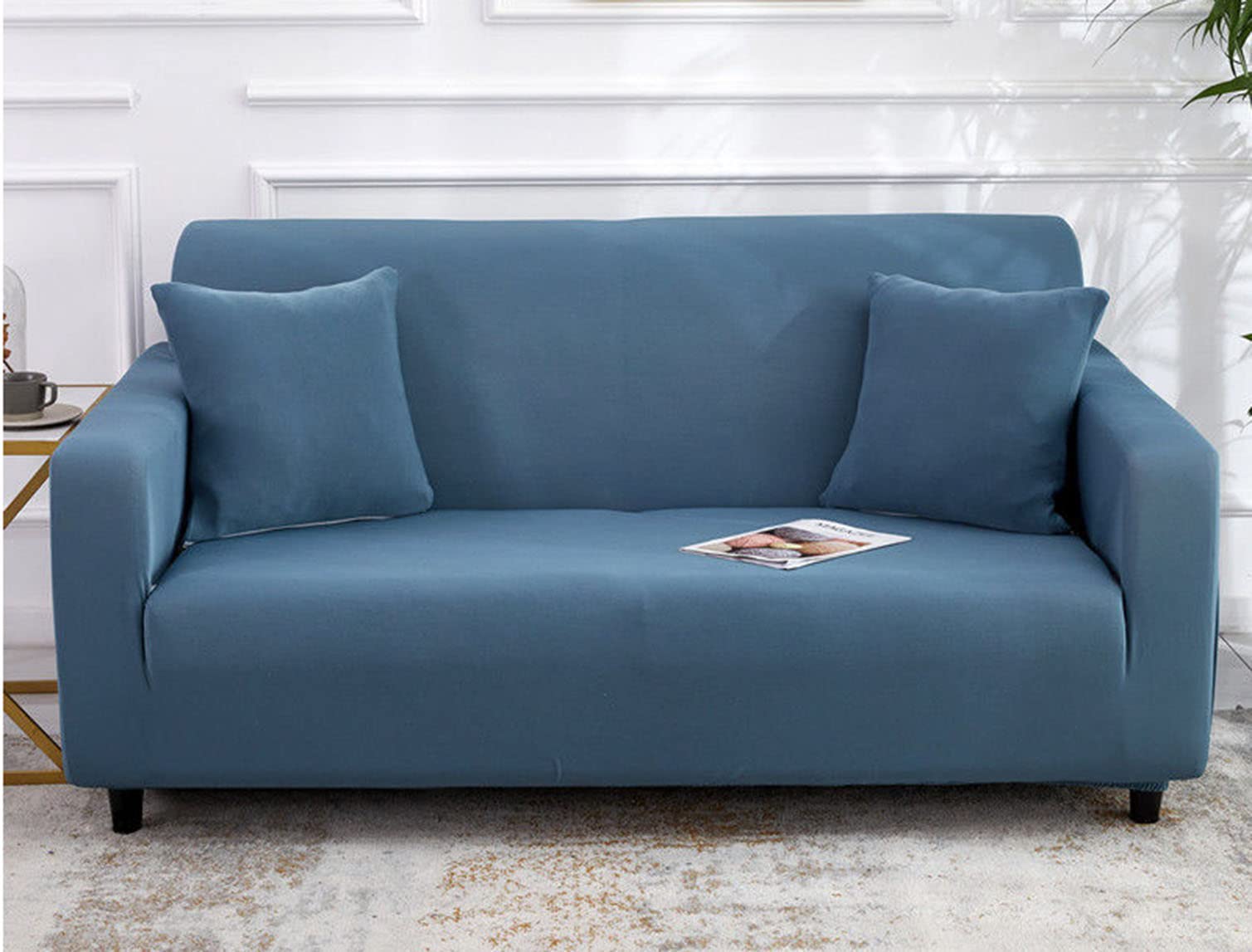 Housse de canapé extensible bleu uni - Protection fauteuil 1 place lavable