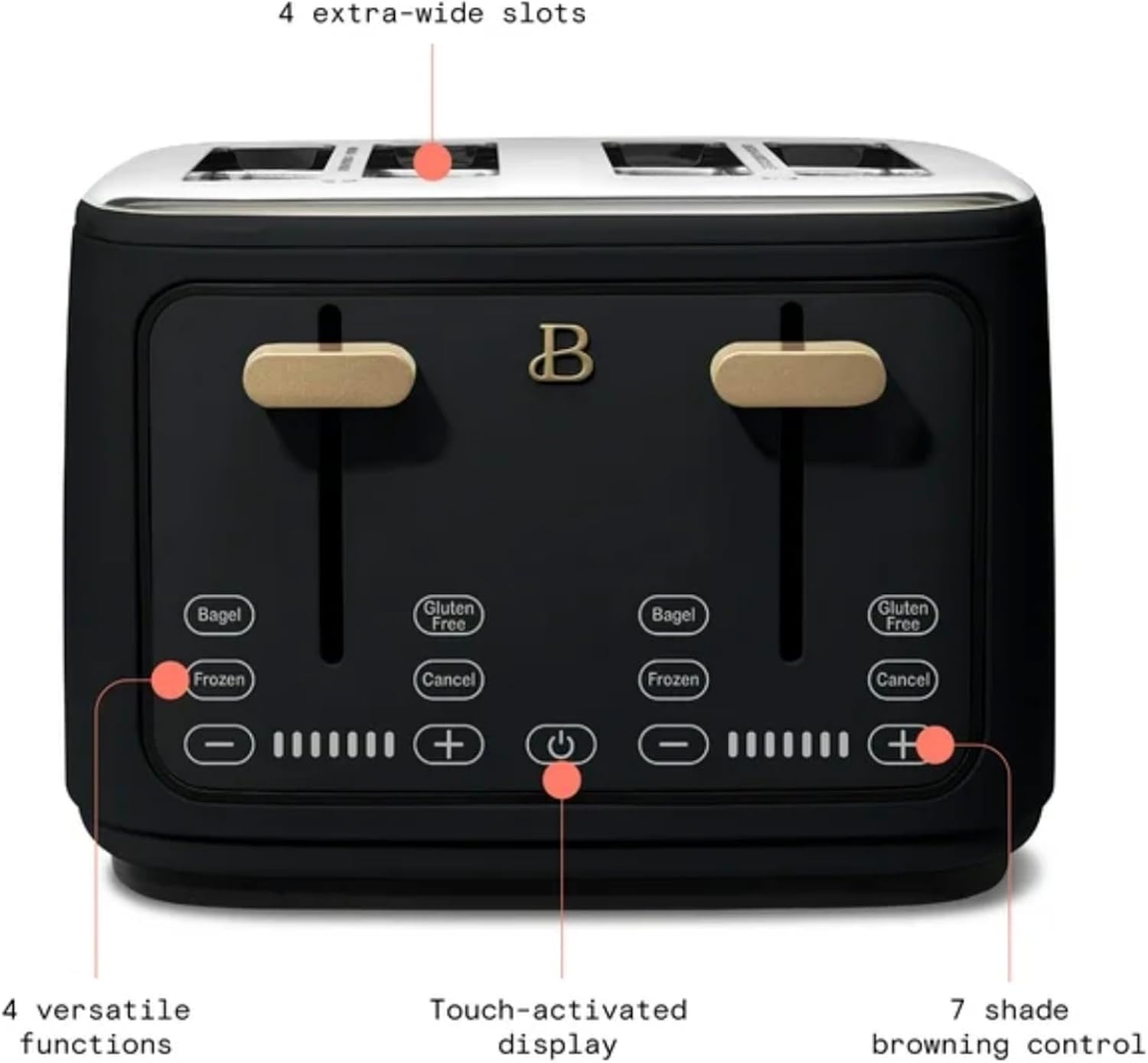 Modern 4-Slot Toaster with Touch-Activated Display, Black Sesame by Drew Barrymore