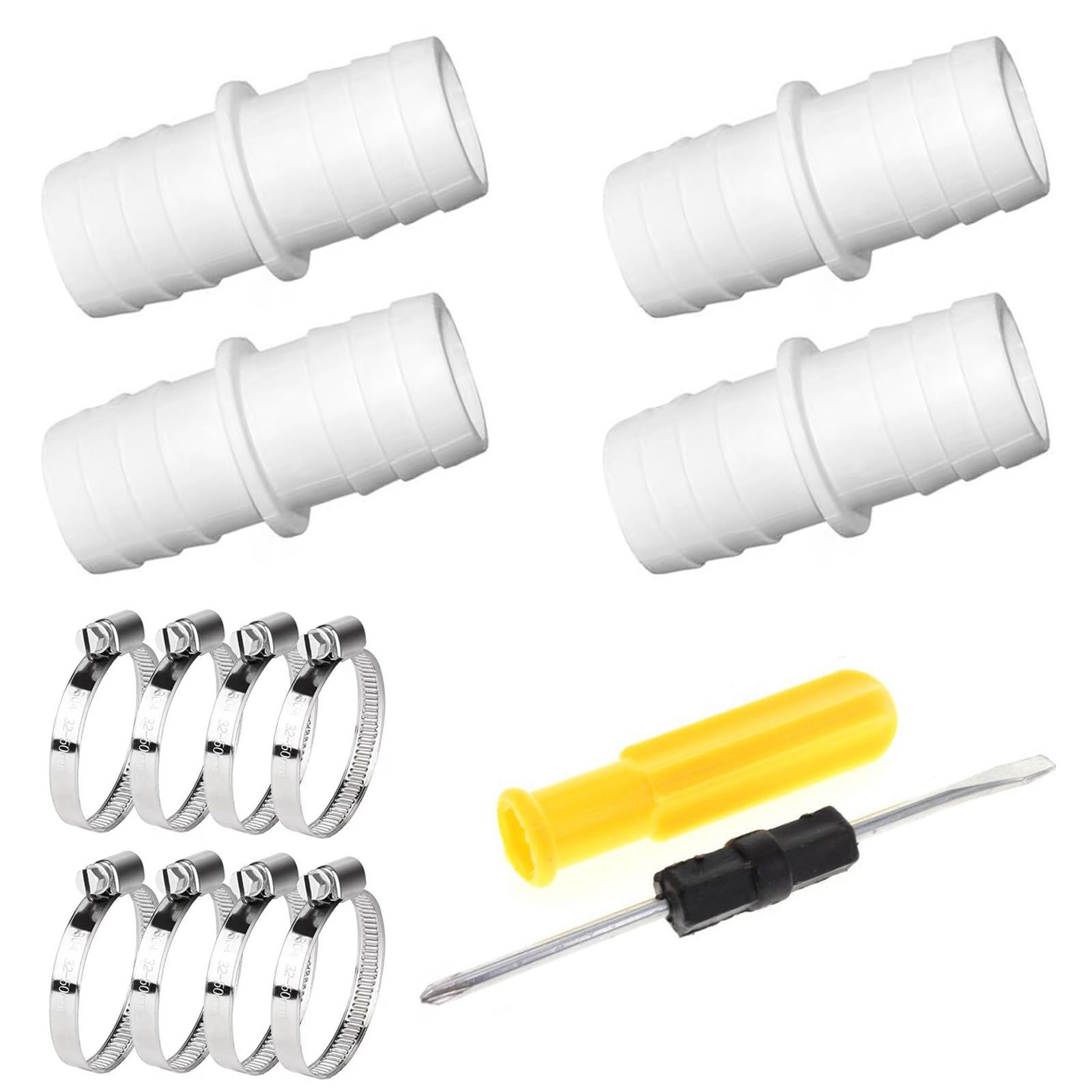Łącznik węża 32 mm, 4 sztuki łączników do węża basenowego 32 mm na 38 mm ø z 8 obejmami do węża basenowego 32 mm, łączniki do basenu i ogrodu