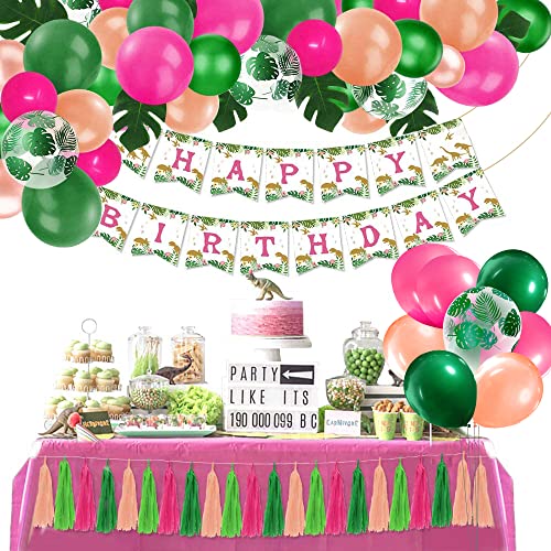 90PCS Girls Dinosaur Party Favor Decorations Dinosaur Birthday Banner Balloons Garland Palm Leaves Tissue Paper Tassel Garland for Baby Girl Birthday Little Dino Supplies